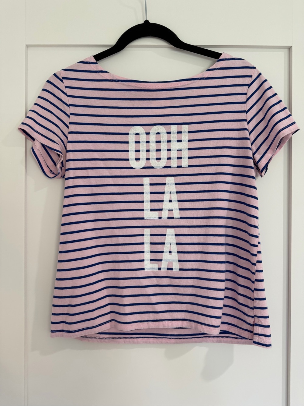 Cinq a Sept Pink and Navy Striped 'OOH LA LA' Short Sleeve Tee
